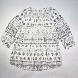 Sonoma‎ Blouse Womens Medium White Black Floral Boho Tassel Peasant Top